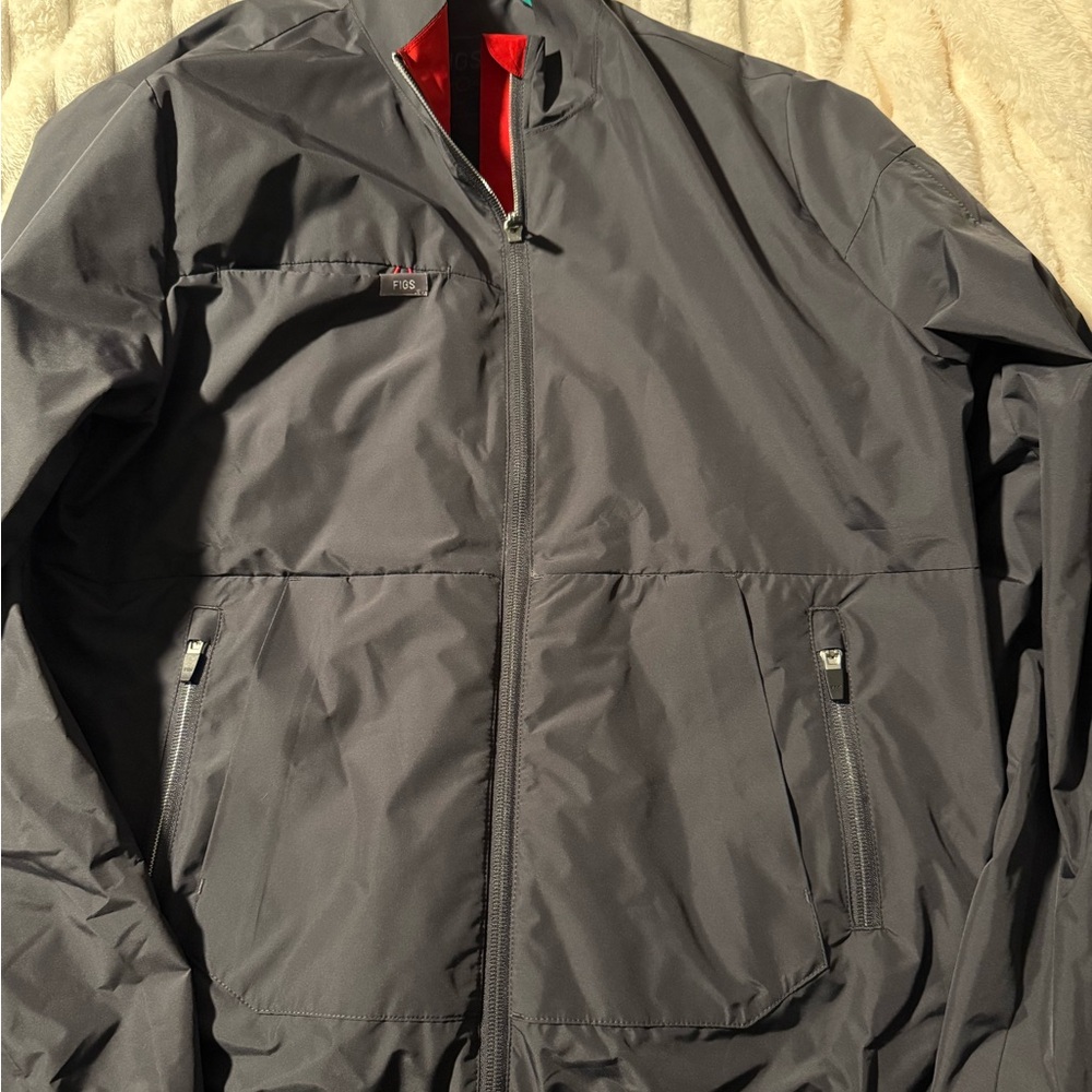 Figs Women's Charcoal Gray Bomber Jacket/Windbreaker with Red Lining- Large
